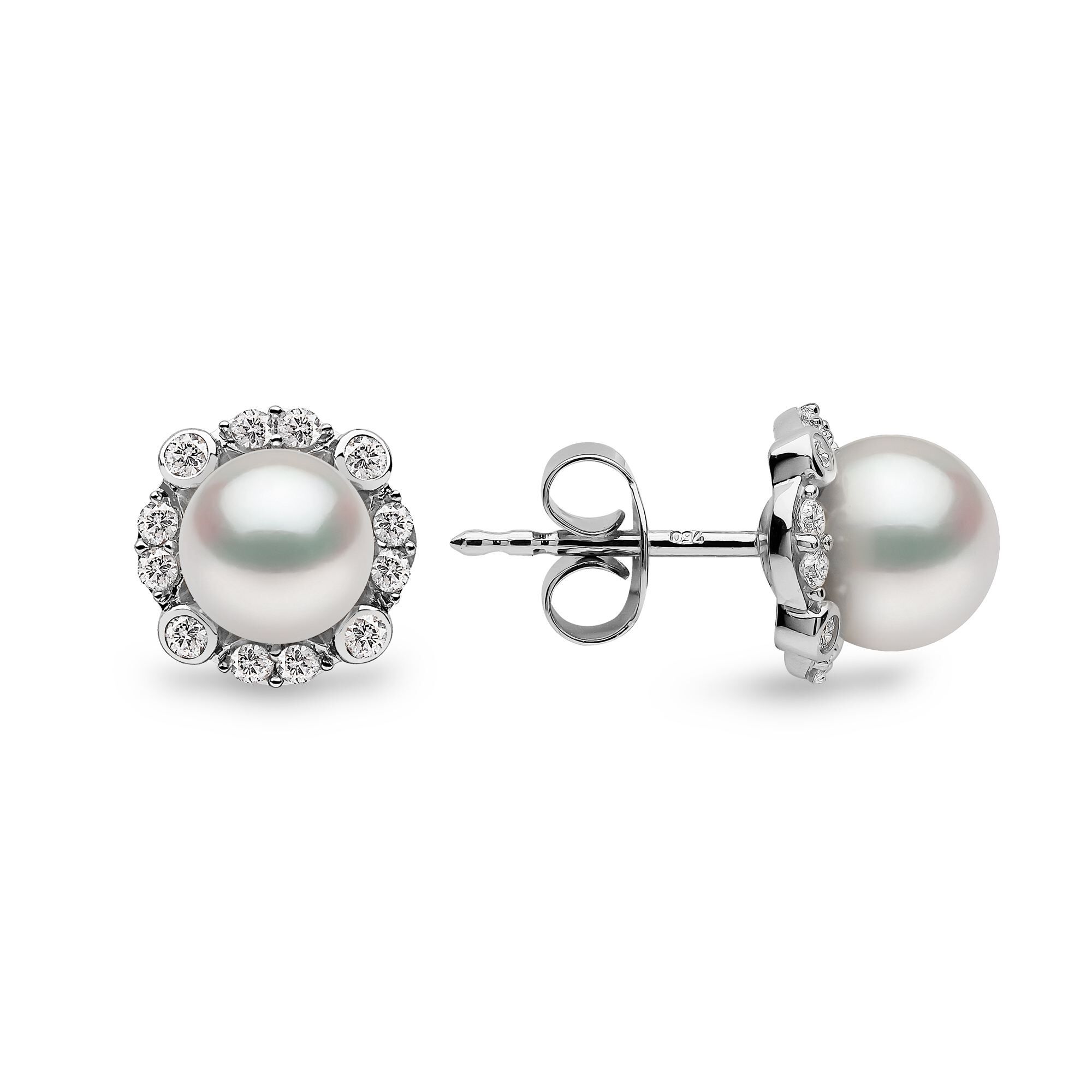 Trend White Gold Pearl and Diamond Stud Earrings | Yoko London 