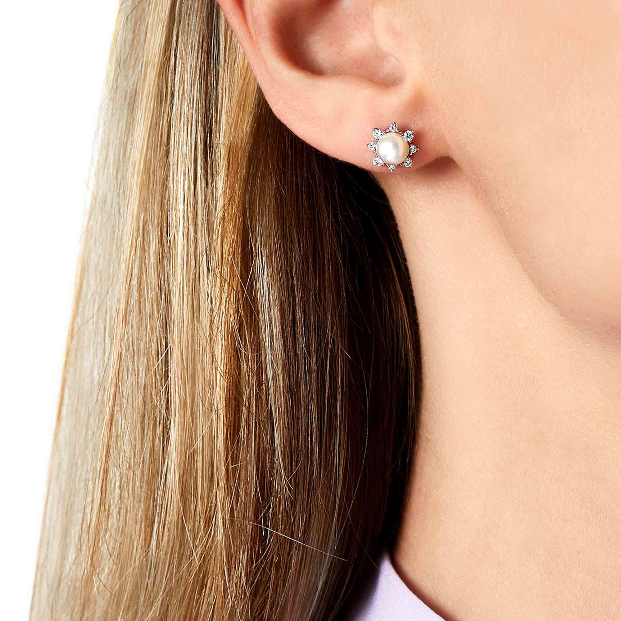 Trend White Gold Pearl and Diamond Stud Earrings | Yoko London 