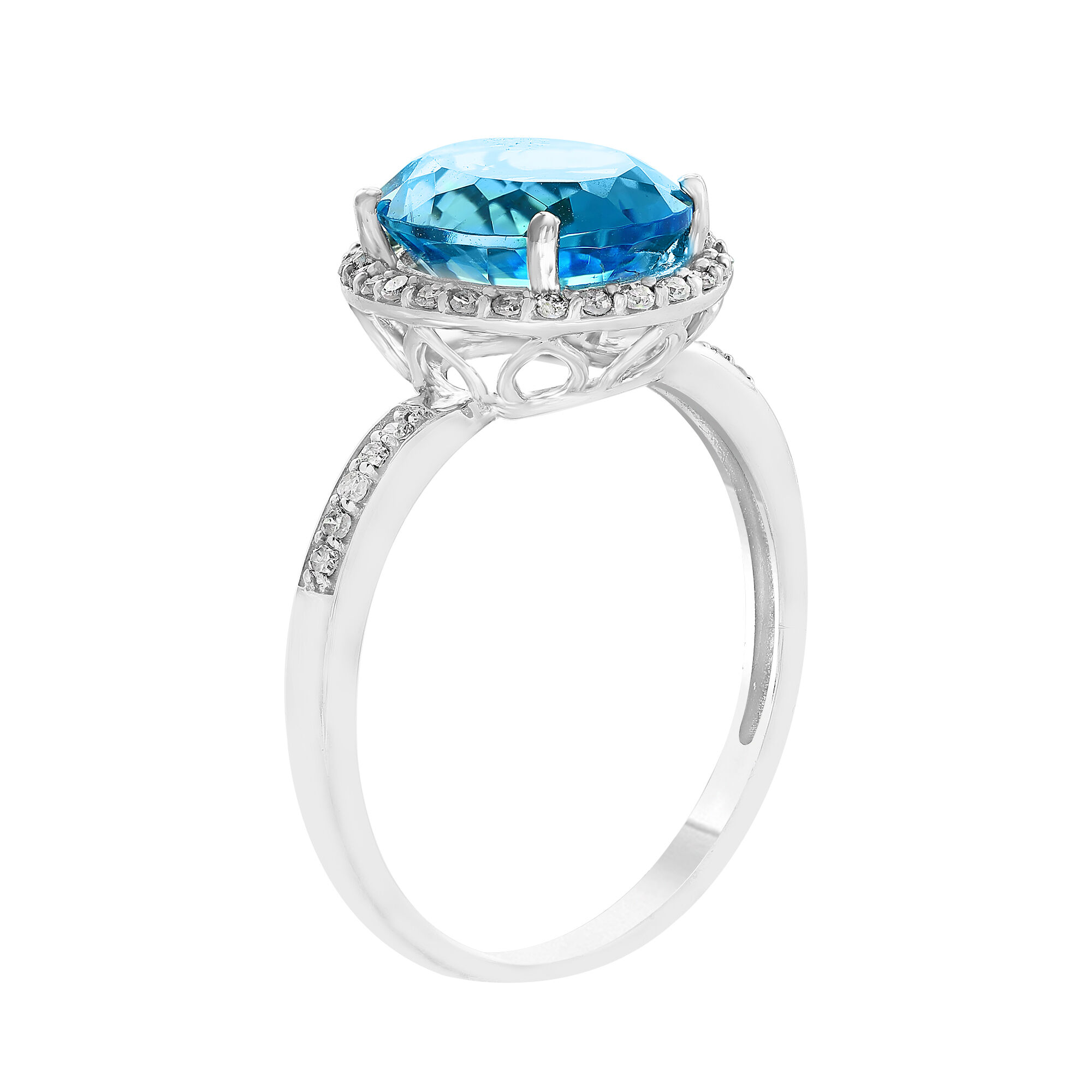 White Gold Oval Cut Swiss Blue Topaz and Diamond Ring-7.5