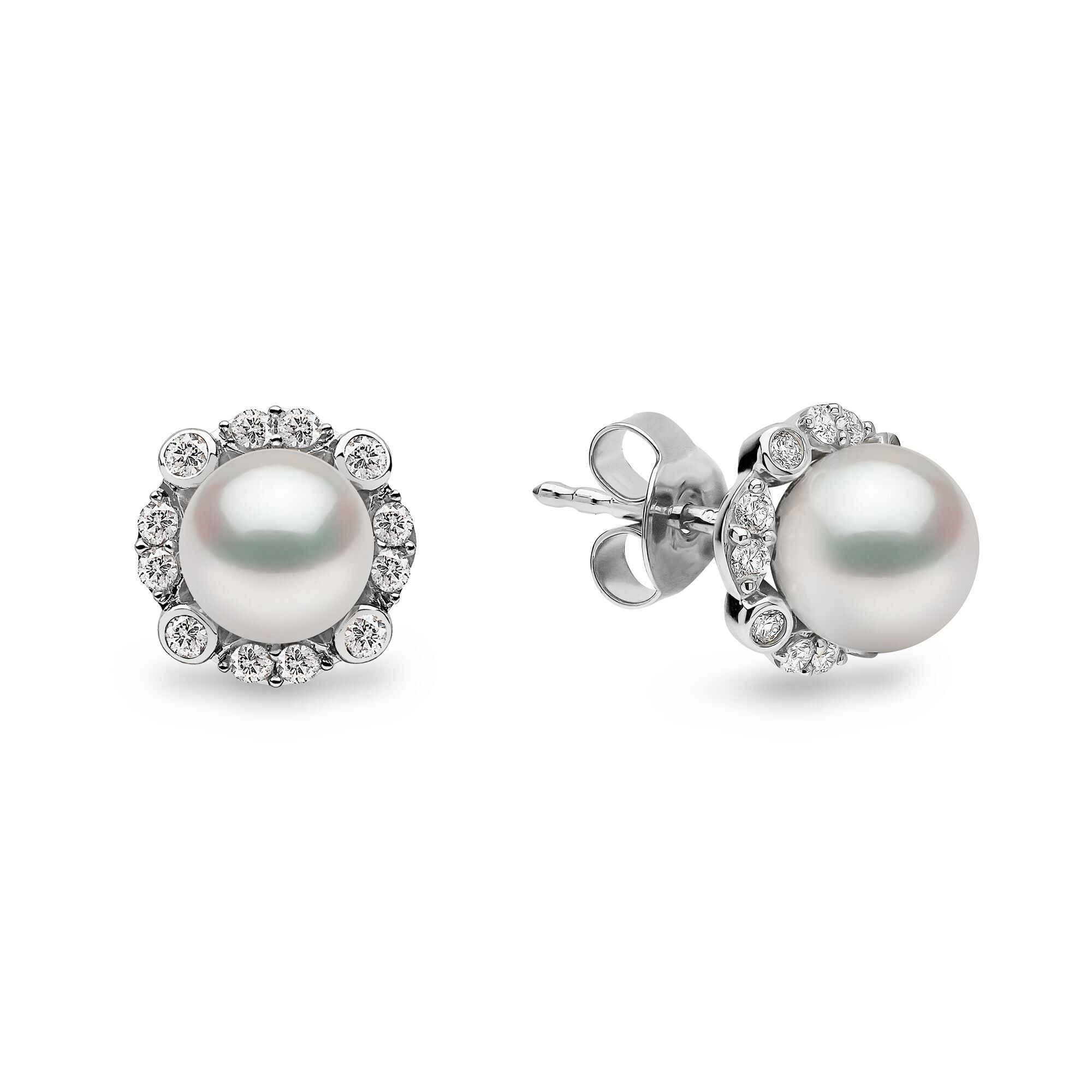 Trend White Gold Pearl and Diamond Stud Earrings | Yoko London