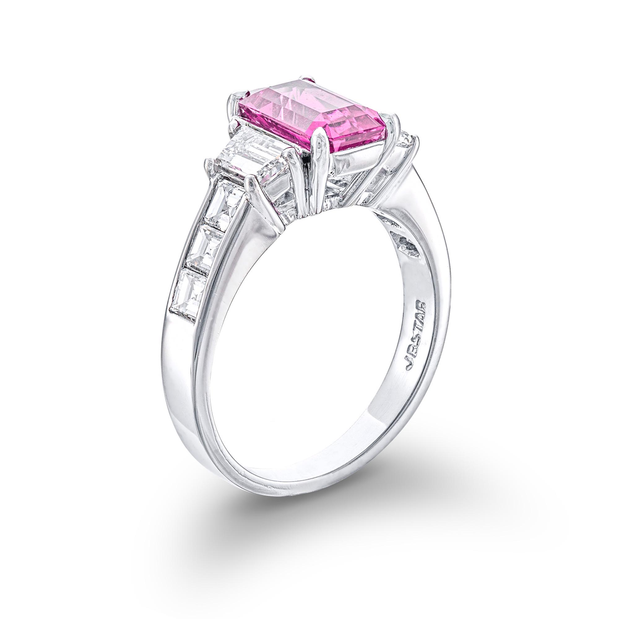 Three-Stone Emerald-Cut Pink Sapphire and Diamond Ring | JB Star